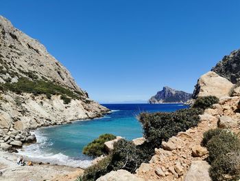 Scenic view of sea against clear blue sky