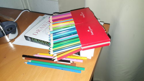 High angle view of books on table