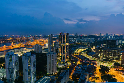 High angle view of city buildings at dusk
