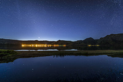 Scenic view of lake against star field at night