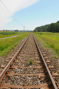 Railroad track amidst field against sky