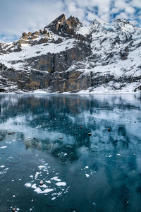 Frozen lake against snowcapped mountains