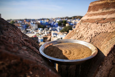 Close-up of food in plate against sky