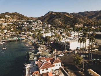 High angle view of townscape against clear sky