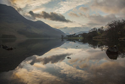 Scenic view of lake and mountains against sky