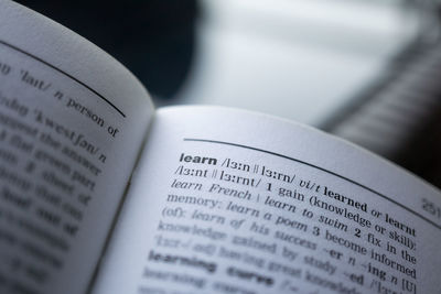 High angle view of text on book