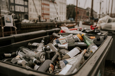 High angle view of boats moored in market