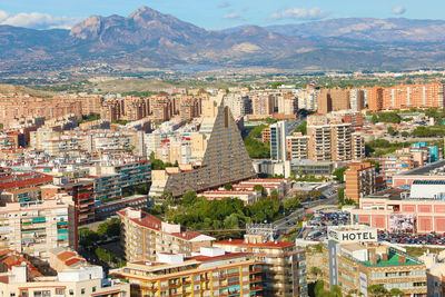 High angle view of buildings in city