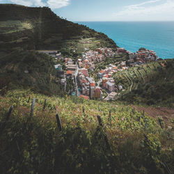 Scenic view of townscape by sea against sky