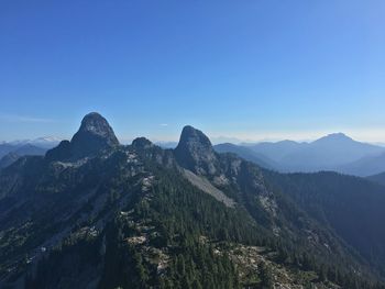 Scenic view of mountains against clear blue sky