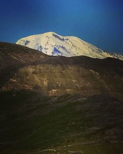 Low angle view of mountains against clear blue sky