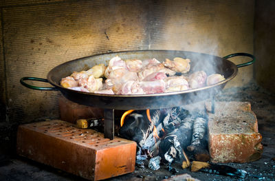 Close-up of meat in cooking pan