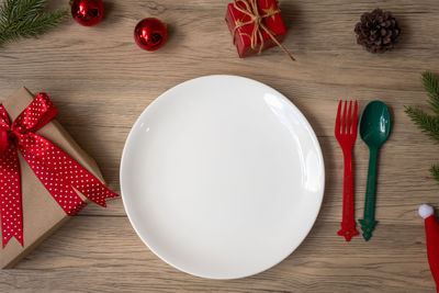 High angle view of christmas decorations on table