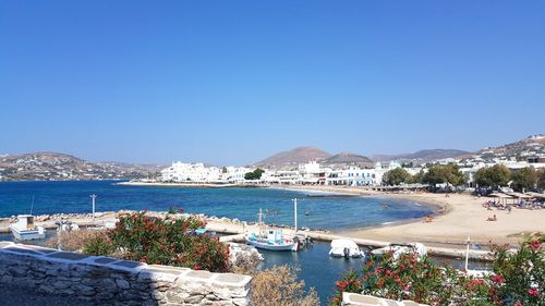 Scenic view of bay against clear blue sky
