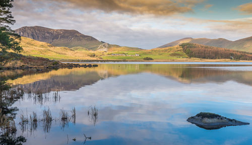 Scenic view of lake and mountains against sky