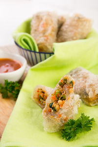 Close-up of spring rolls