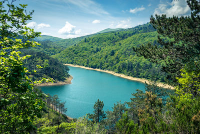 Scenic view of lake and mountains against sky