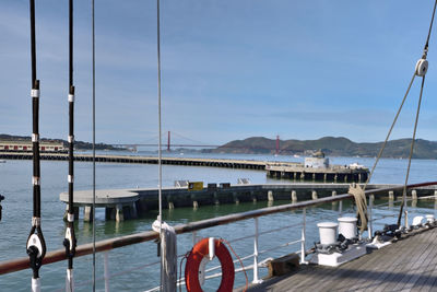 View of suspension bridge over sea against sky