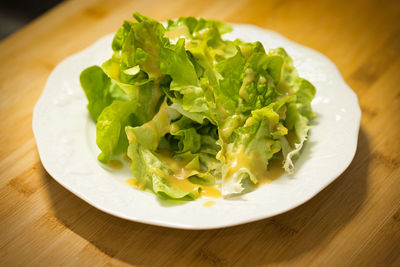 High angle view of salad in plate on table