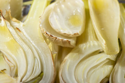 Closeup of roasted fennel. macro texture background. healthy food background.