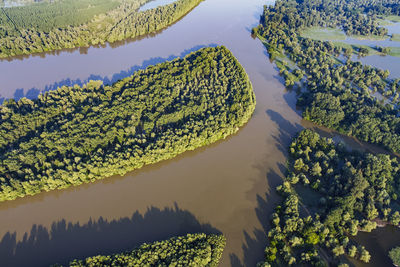 Aerial view of the danube river and its floodplain in serbia and croatia