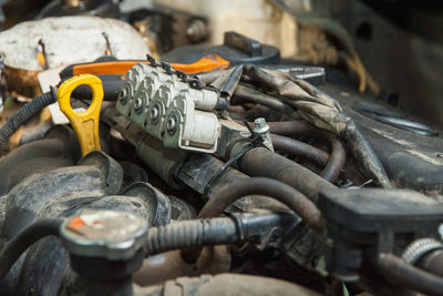 Diagnostics and repair of the car engine in the repair service. car service business concept