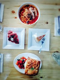 High angle view of breakfast served on table