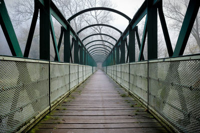 Empty footbridge in forest during foggy weather