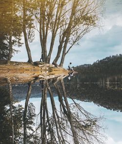 Reflection of bare trees in lake against sky