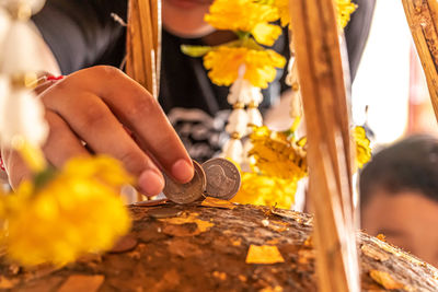 Close-up of hand holding coins and flowers