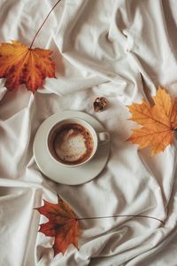 High angle view of coffee cup on bed