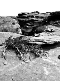 Rocks on shore against clear sky