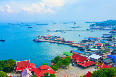 High angle view of harbor against sky