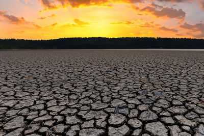 Traces of global warming. confronting the dried and cracked lake bottom. 