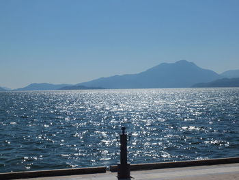 Scenic view of sea against clear blue sky