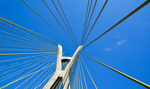 Low angle view of suspension bridge against blue sky