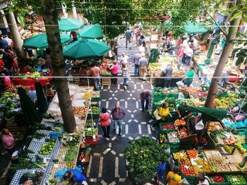 High angle view of people at market