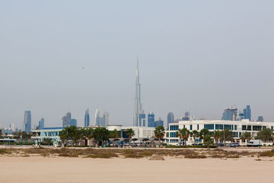 Beautiful view of the skyscrapers in dubai at dawn. uae