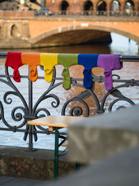 Close-up of multi colored metal railing