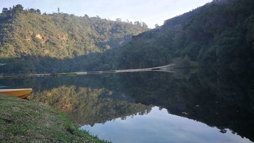Scenic view of lake and mountains against sky