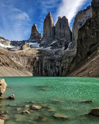 Panoramic view of sea and mountains against sky