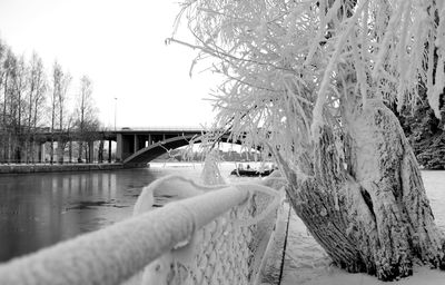 Close-up of snow covered bridge against clear sky