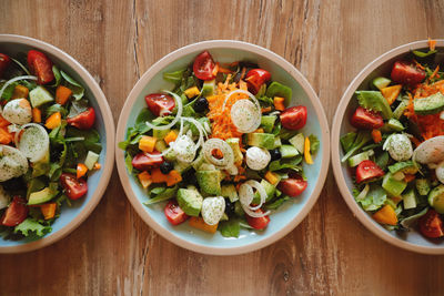 High angle view of salad in bowl on table