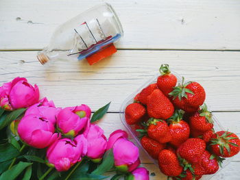 High angle view of strawberries on table