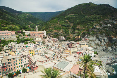 High angle view of houses in town