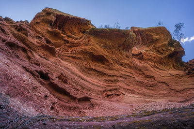 Low angle view of rock formation on land against clear sky