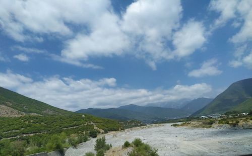 Scenic view of landscape and mountains against sky