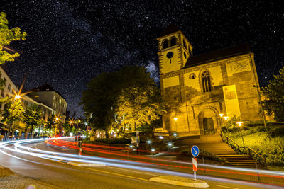 Light trails on road at night