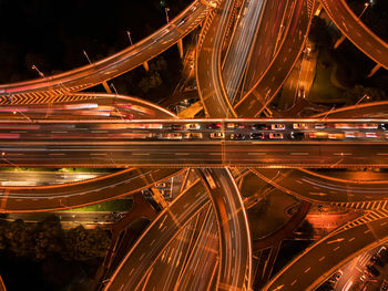 Long exposure drone shot of yan'an elevated road in shanghai. high angle view of illuminated light.