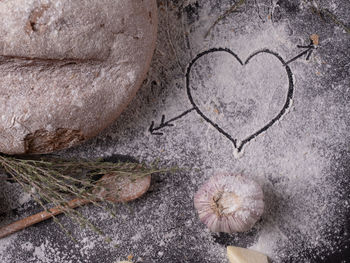 High angle view of heart shape on rock